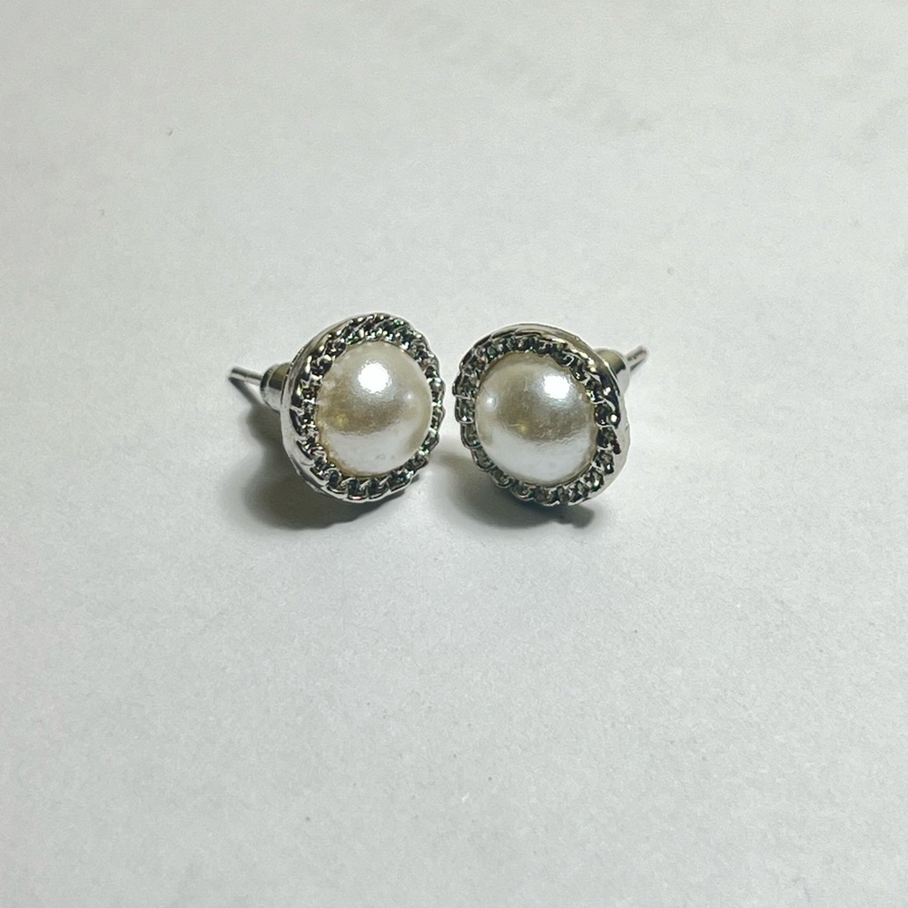 Silver and Pearl Chain Stud Earrings